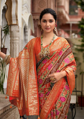 Orange Velvet Tussar Silk Floral Print Saree